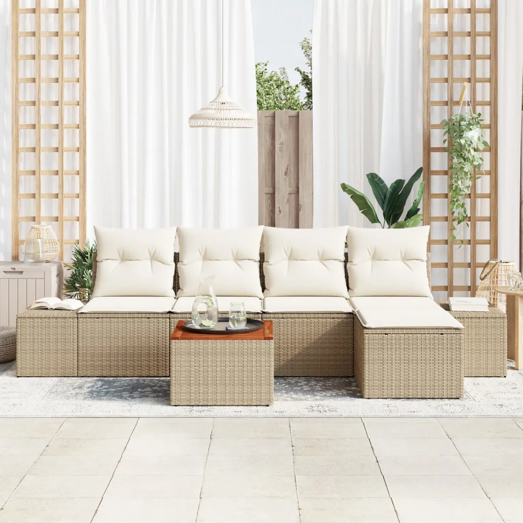 6 Darabos Kerti Sofa Szett Párnákkal Bézs Poli Rattan Akáciából