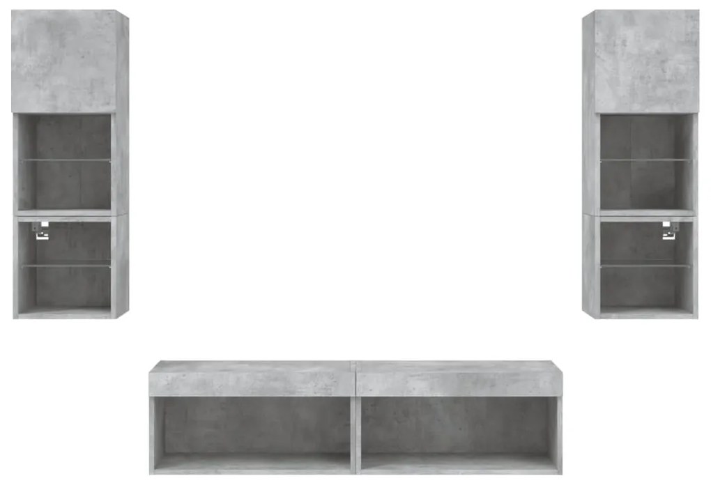6 darab betonszürke szerelt fa fali TV-bútor LED-del