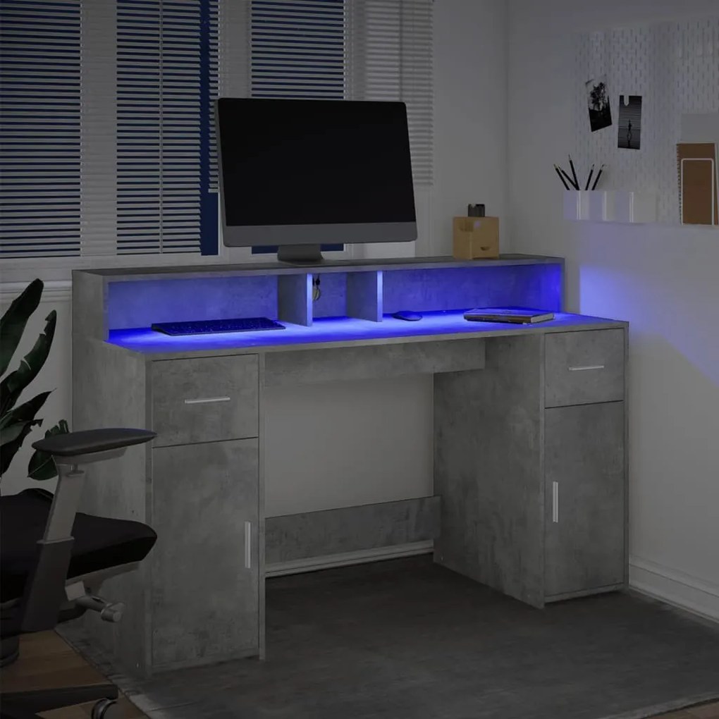 betonszürke szerelt fa íróasztal LED-világítással 140x55x91 cm