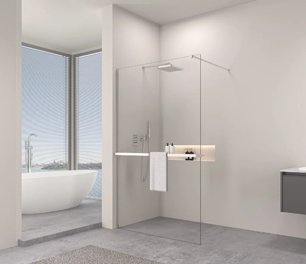 Erga Paris, Walk-In zuhany paraván 140x200 cm polccal és törülközőtartóval, 8 mm átlátszó üveg, króm profil, ERG-V02-PARIS-140x200-CL-CR-BAR