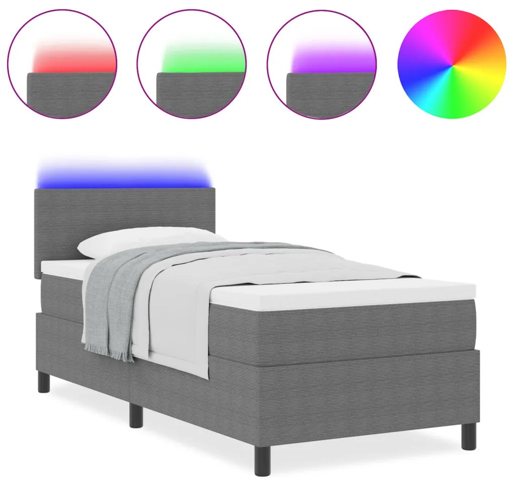 Box Spring Ágy Matraccal & LED Fénnyel Szürke Egyszemélyes Bársonyos Szövet