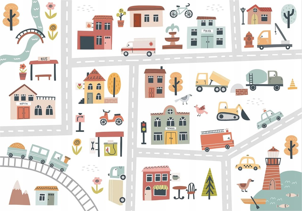 Gyerek tapéta Város vinil Színes házak Busz Természet 416x254 +ragasztó