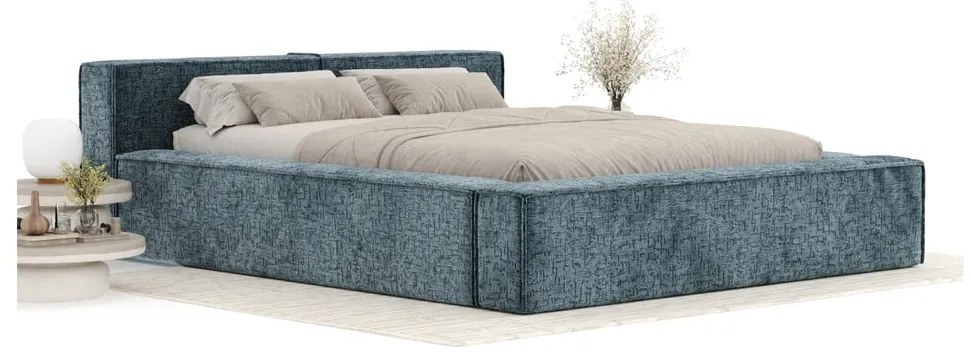 Szürkéskék kárpitozott ágyneműtartós franciaágy ágyráccsal 200x200 cm Voliera – Maison de Rêve