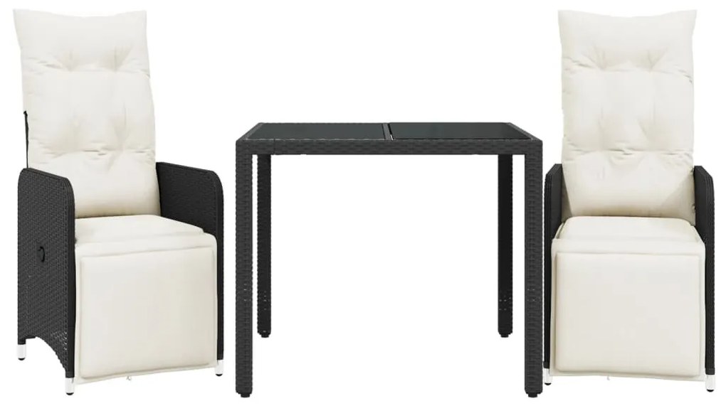 3 részes fekete polyrattan kerti bisztrógarnitúra párnákkal
