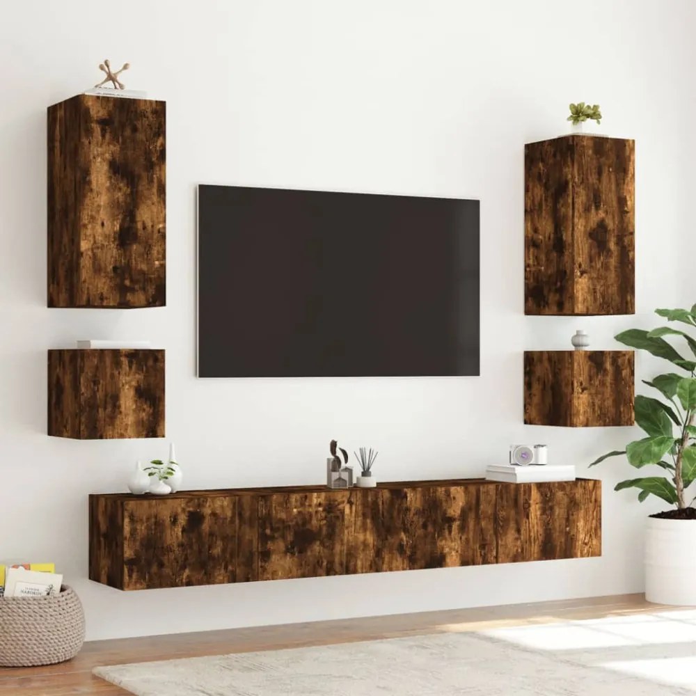 2 db füstös tölgy fali TV-szekrény LED-ekkel 40,5x35x40 cm