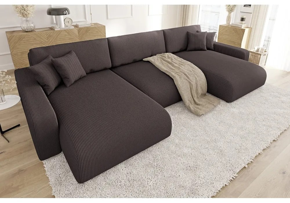 Barna kordbársony kinyitható tárolóhelyes sarokkanapé Sara – Ropez