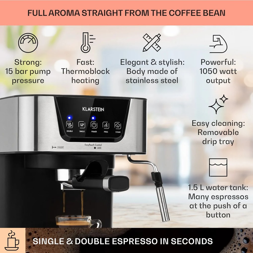 Klarstein Arabica, eszpresszó kávéfőző, 1050 W, 15 bar, 1,5 l, érintős vezérlőpanel, rozsdamentes acél