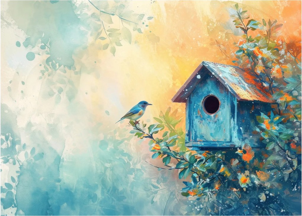 Üveg kép - Madárház, akvarell (70x50 cm)