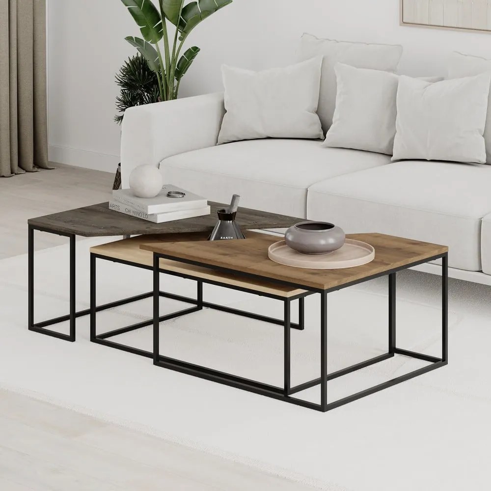 Natúr színű dohányzóasztal szett diófa dekoros asztallappal, 3 db-os 70x110 cm Titan – Marckeric