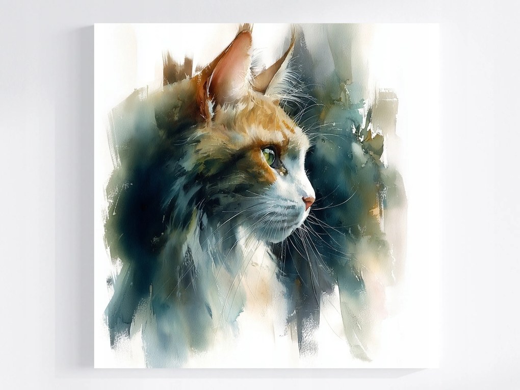 Vászonkép Canvas Akvarell Portré Állat Vörös Fehér Macska 40x40