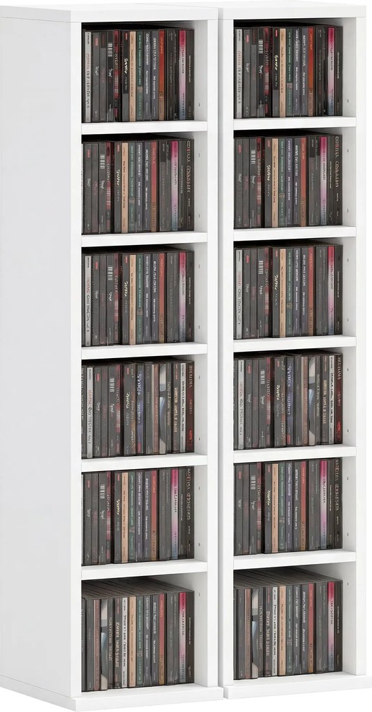 HOMCOM 2-Pack Stackable CD, DVD & Blu-ray Shelf - 6 Adjustable Compartments, Media Storage Display, 21 x 22.5 x 88.5 cm, White | Aosom