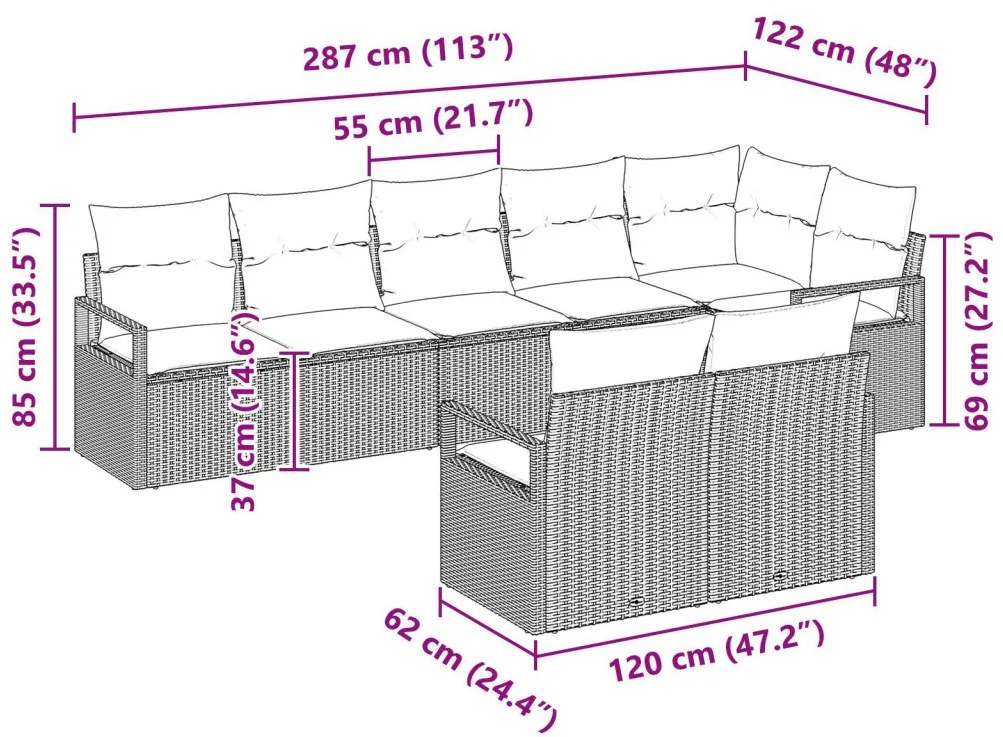 8 Részes Kert Kanapé Szett Párnákkal Szürke Poli Rattan, 2-Fős Kert Kanapé Párnákkal Szürke Poli Rattan