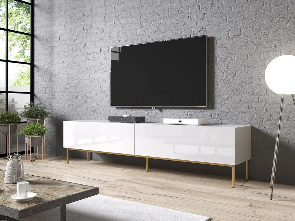 TV szekrény/asztal 200 fém kerettel Kody (fehér + fényes fehér + arany). 1070579