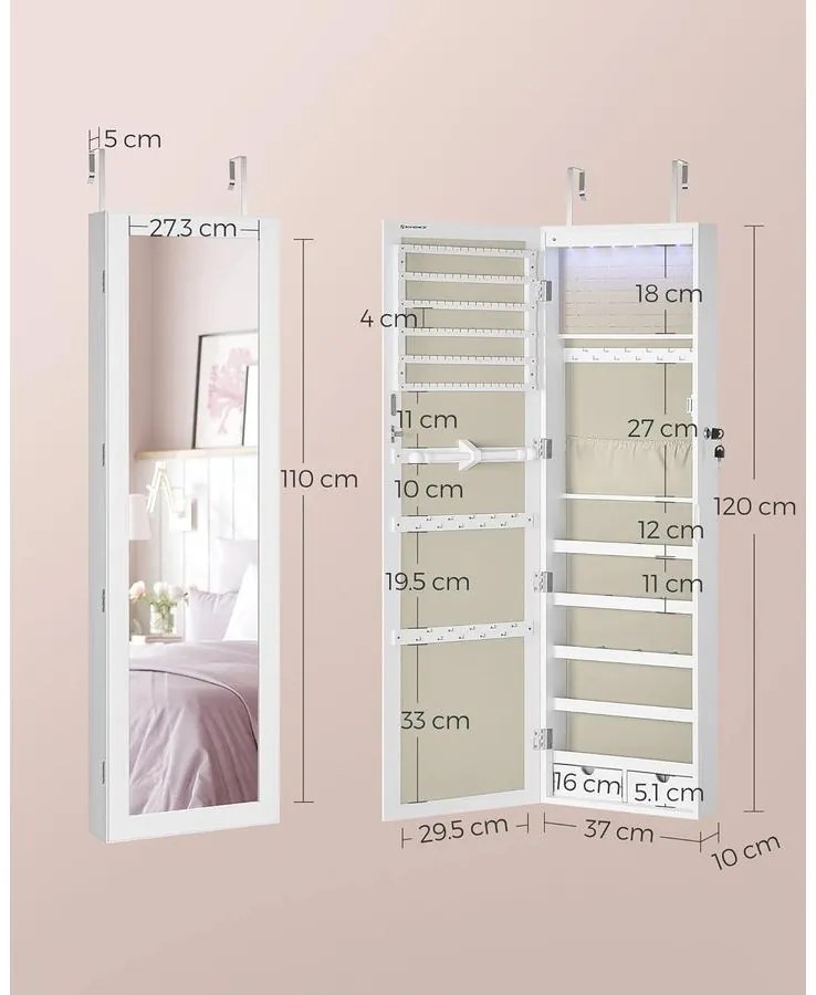 Ékszerszekrény falra szerelhető, zárható tároló tükörrel és több rekesszel – fehér/bézs