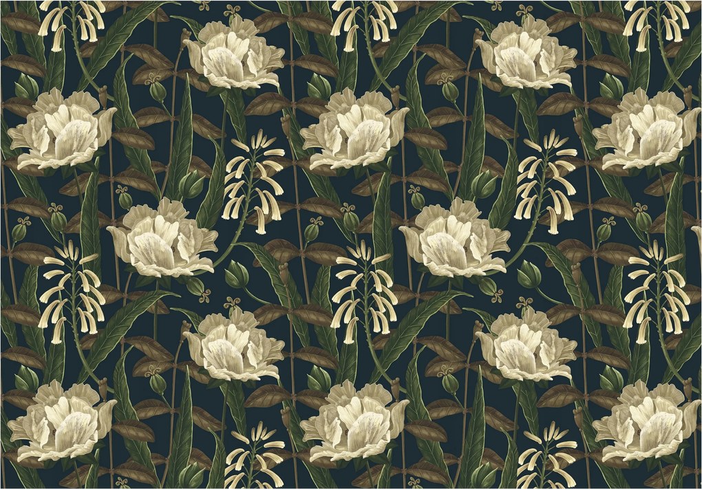 Tapéta fehér Virágok sötét háttér vinil 416x254 Vintage elegancia +ragasztó