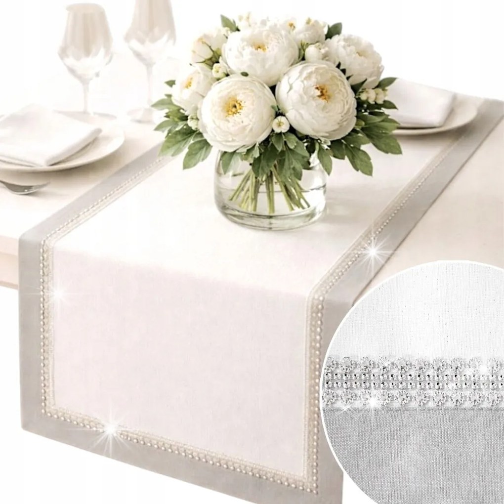 Asztalterítő Fehér-szürke Glamour Cirkóniákkal 60x120 Elegáns