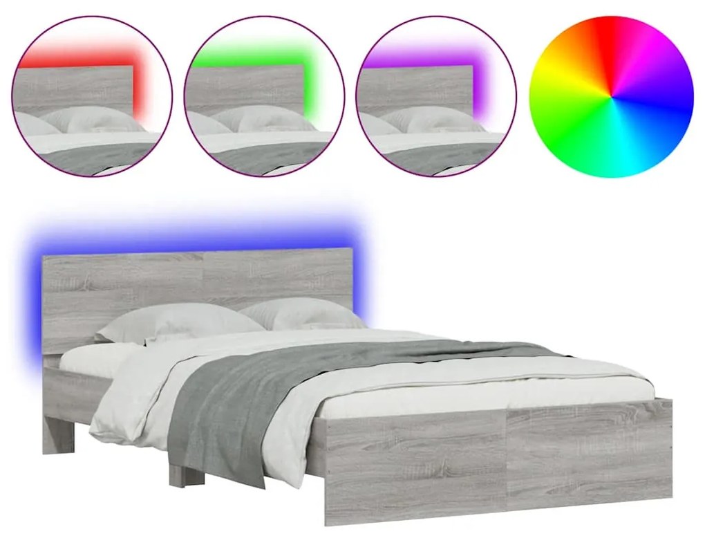 szürke sonoma színű ágykeret fejtámlával és LED-del 120x190 cm