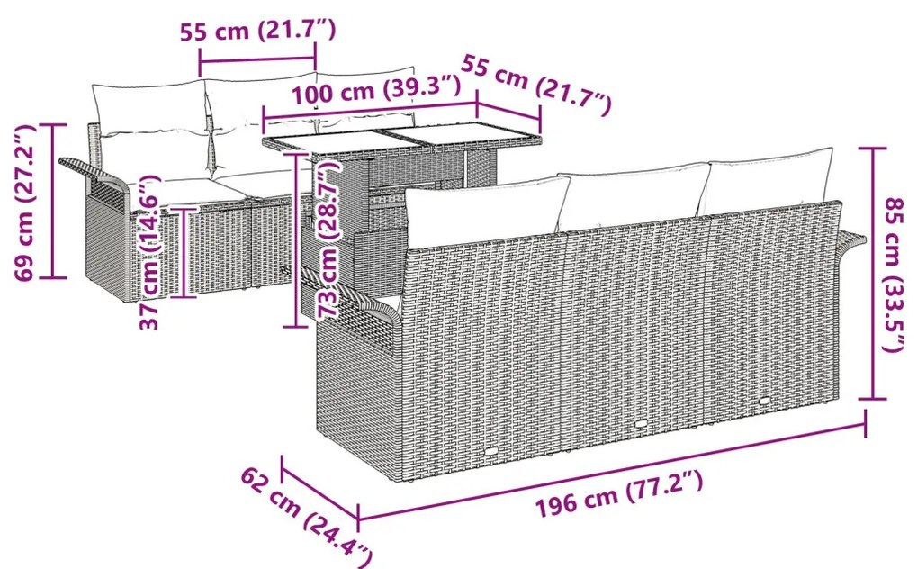 7 Darabos Kert Sofa Szett Párnákkal Szürke Poli Rattan