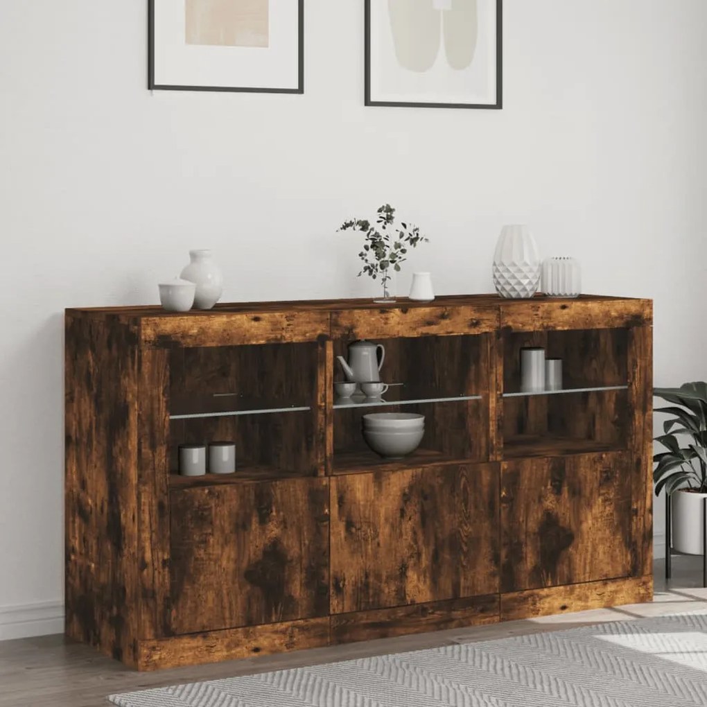 füstös tölgy színű tálalószekrény LED-ekkel 123 x 37 x 67 cm