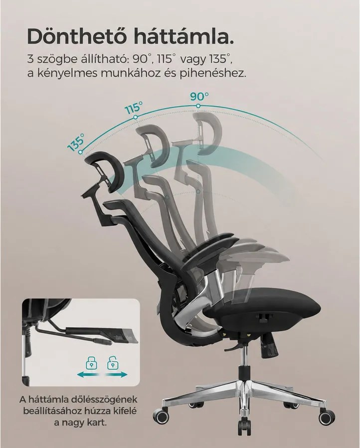 SONGMICS Ergonomikus szék, állítható, dönthető irodai szék, fekete