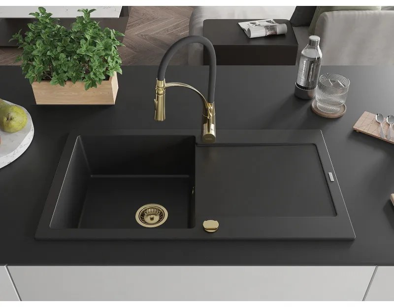 Mexen Leo, gránit mosogató 900x500x190 mm, 1 kamrás és Aster mosogató csaptelep, fekete, 6501-77-73450-57-G