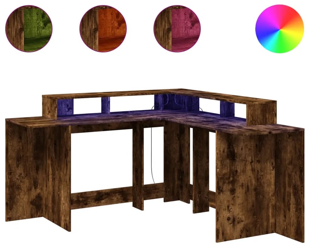 füstös tölgy színű szerelt fa íróasztal LED-ekkel 152x152x91 cm