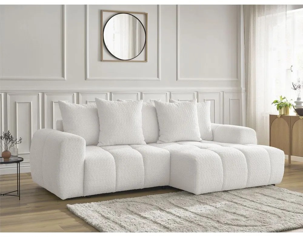 Fehér buklé kinyitható-tárolóhelyes sarokkanapé (jobb oldali-heverő résszel) Roxelane – Bobochic Paris