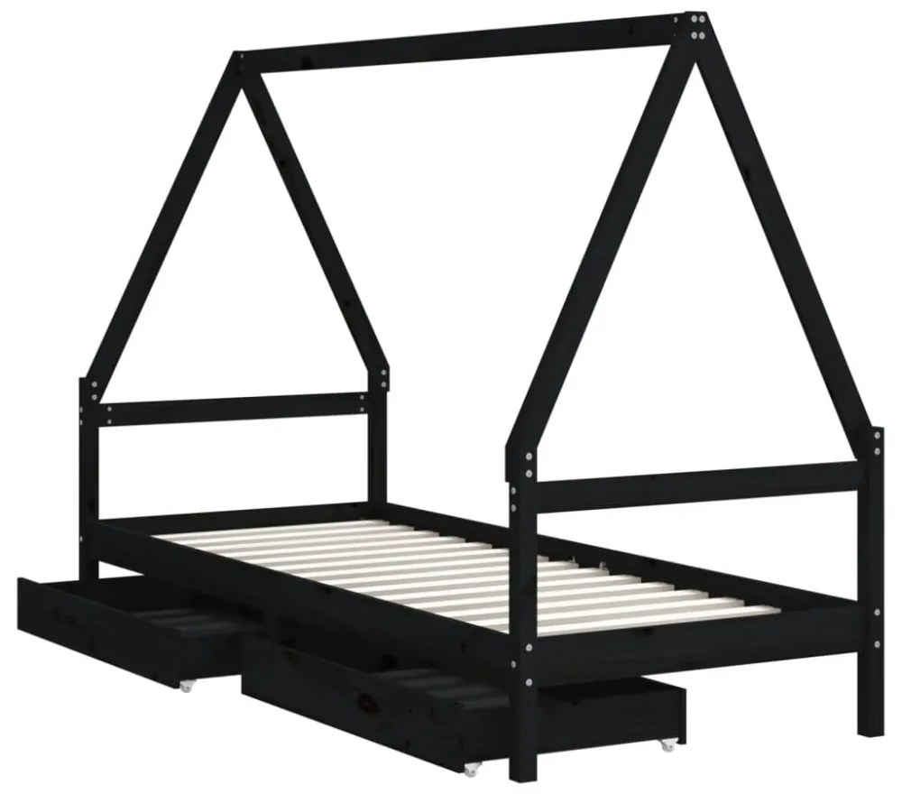 fekete tömör fenyőfa gyerekágykeret fiókokkal 90 x 200 cm