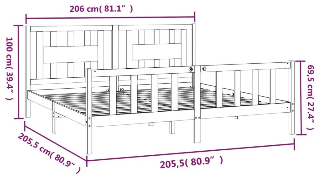 fehér tömör fenyőfa ágykeret fejtámlával 200 x 200 cm