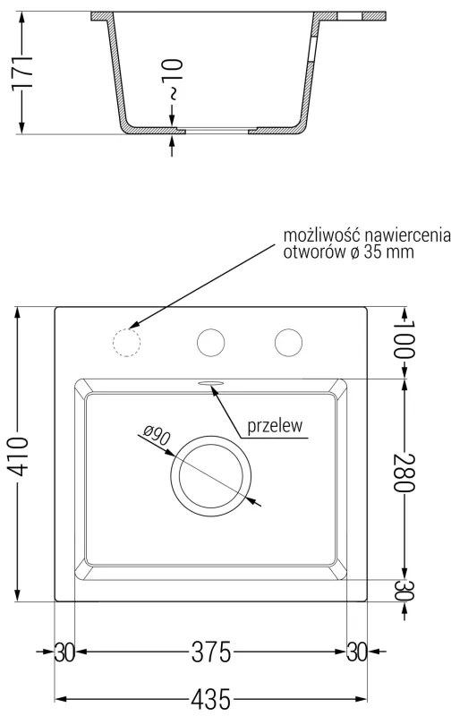 Mexen Milo, 1 kamrás gránit mosogató 435x410x171 mm és Flora mosogató csaptelep, fekete-ezüst metál, 6505-73-670401-07