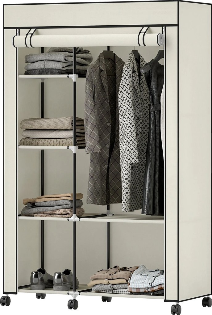 HOMCOM textil ruhásszekrény akasztórúddal és polcokkal, 103 x 43 x 162,5 cm — krém | Aosom