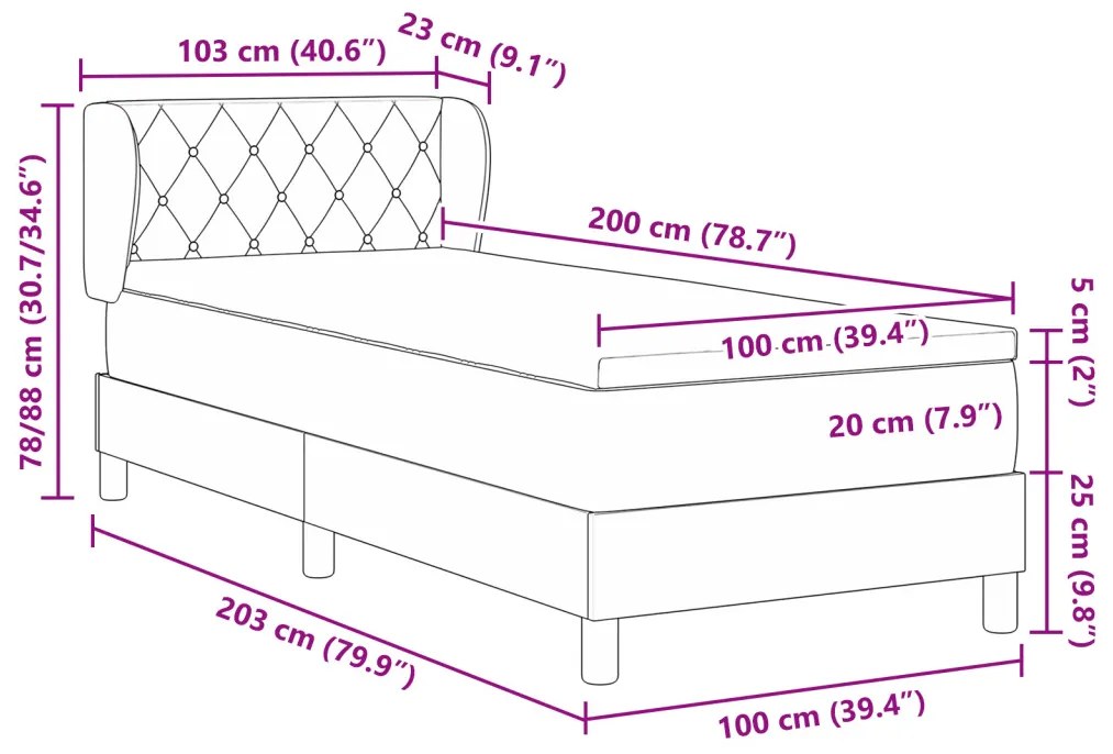 Box tavas ágy matrac zsebtavassal sötétszürke, 100x200 cm, bársonyból