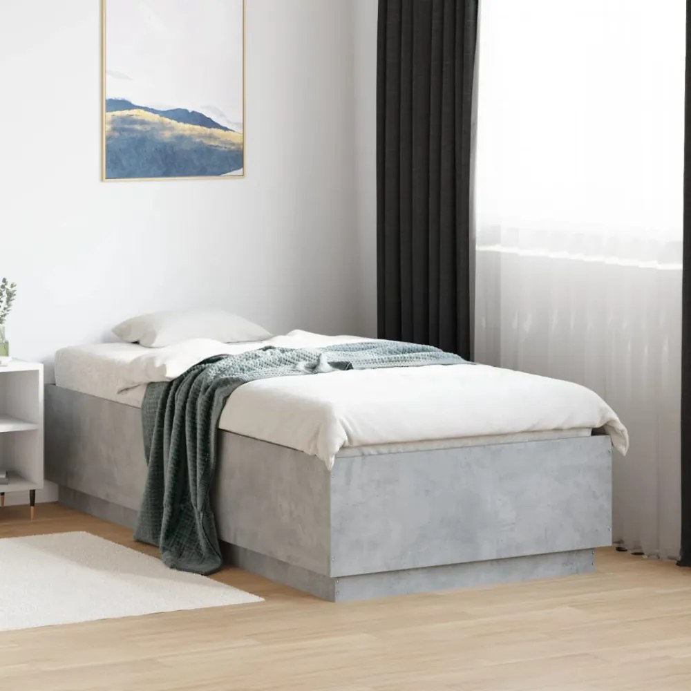 betonszürke szerelt fa ágykeret LED-del 75 x 190 cm