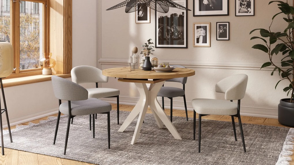Mazzoni RENZO Artisan Tölgy/bézs láb (pezsgő) - KEREK ASZTAL Ø110 180 cm-re BŐVÍTHETŐ | A KONYHÁBA ÉTKEZŐBE NAPPALIBA RETRO
