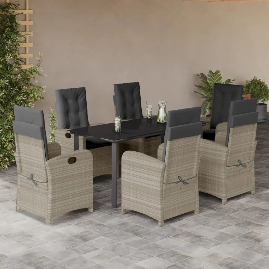 7 részes világosszürke polyrattan kerti étkezőszett párnával