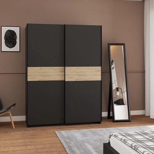 BERNO ruhásszekrény, 150 cm | Antracit + hickory tölgy