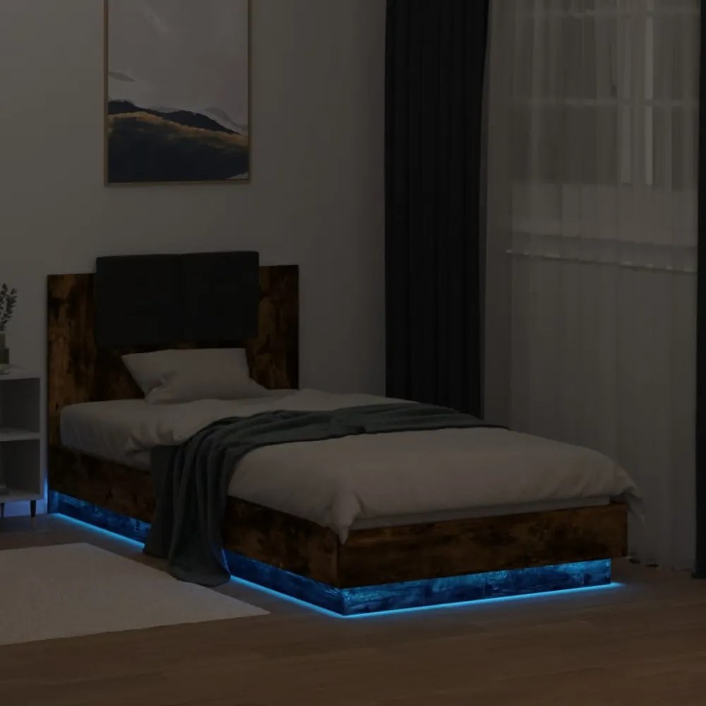 füstös tölgy színű ágykeret fejtámlával és LED-ekkel 75x190 cm
