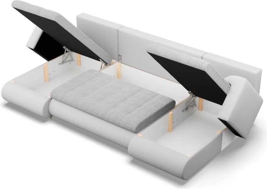 Tokio U alakú sarokkanapé, 3 ágyneműtartóval, fonott + műbőr, univerzális oldal, szürke - fehér