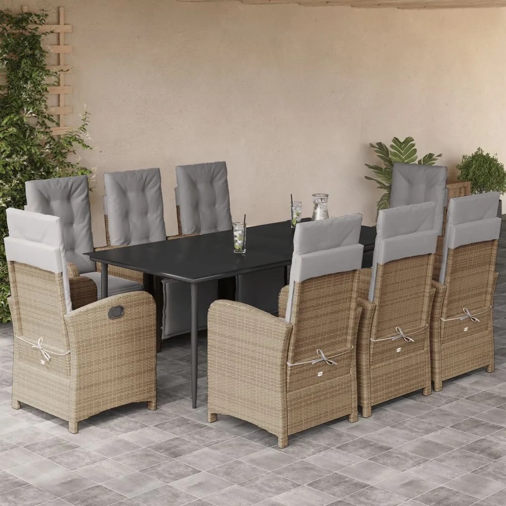 9 részes bézs polyrattan kerti étkezőgarnitúra párnákkal