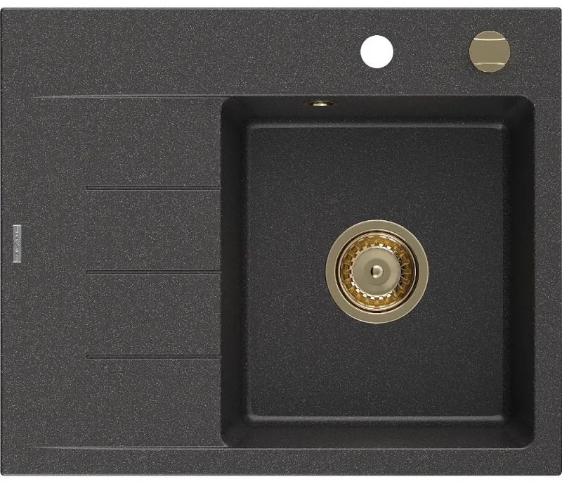 Mexen Ben Gránit egytálcás mosogató csepegtetővel, jobb oldali, 600 x 500 mm, fekete pöttyös, arany szifon