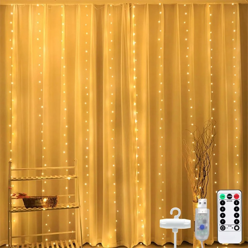 Lámpák Led Fényfüggöny Távirányító 3X3 Fehér Meleg Akasztók