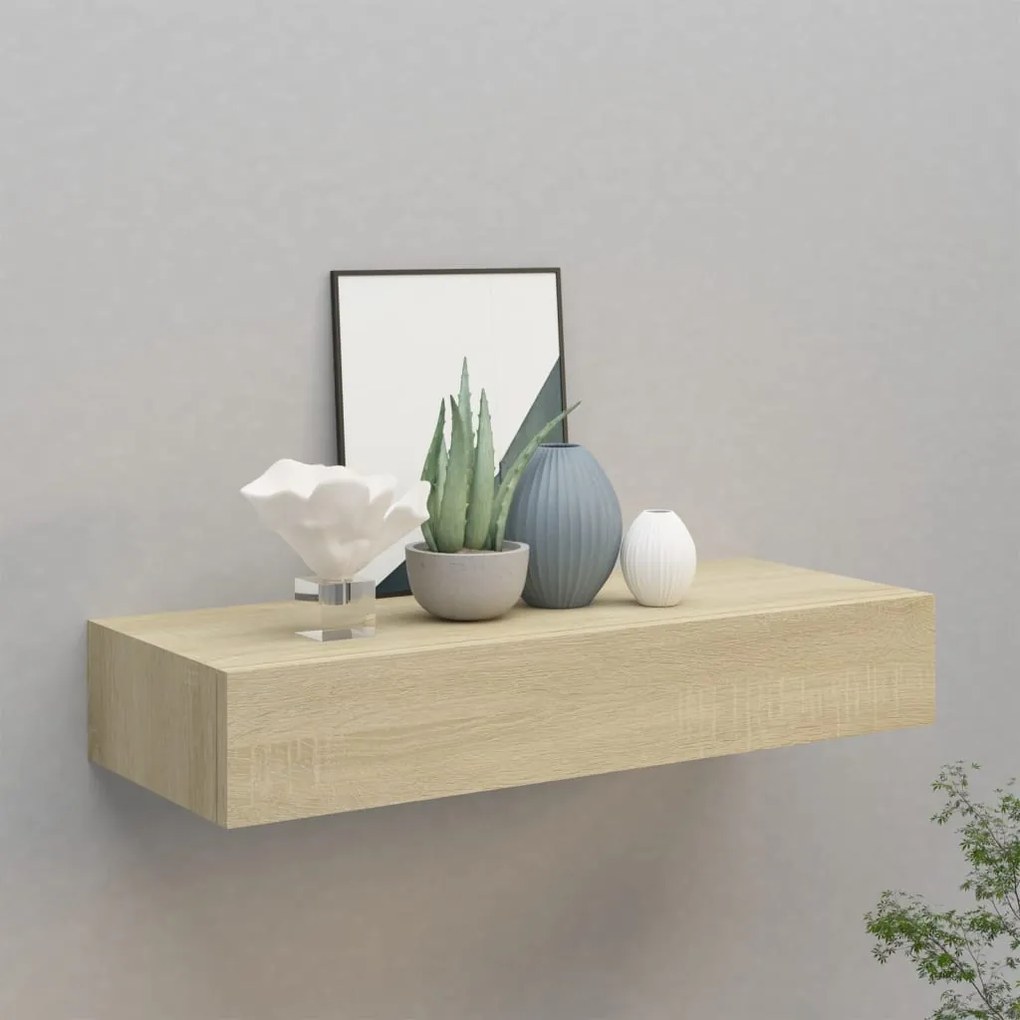 tölgyszínű MDF falra szerelhető fiókos polc 60 x 23,5 x 10 cm