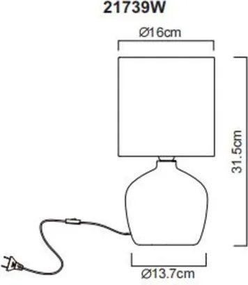 Globo 21739W Asztali lámpa, kerámia fehér, textil fehér, kábel PVC fehér, billenőkapcsoló a kábelen, ø: 160mm, M: 315mm, kábel hossza 1300mm, 1x E14 40W 230V izzó nélkül