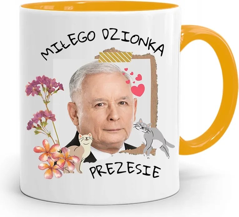 Sárga Vicces Bögre Jaroslaw Kaczynski felirattal, fényképpel