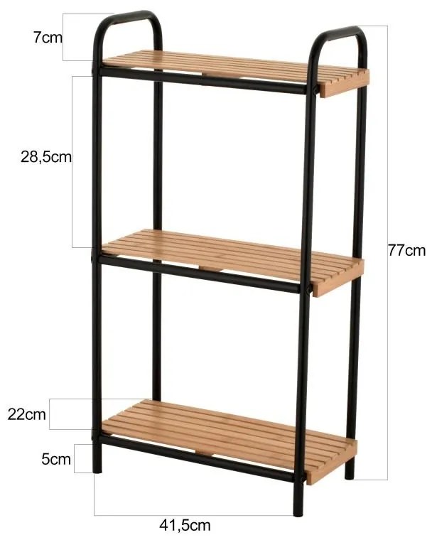 Erga Mike, fém fürdőszobai hárompolcos polc állóra 41,5x11x77 cm, fekete-natúr barna, ERG-YKA-P.MIKE