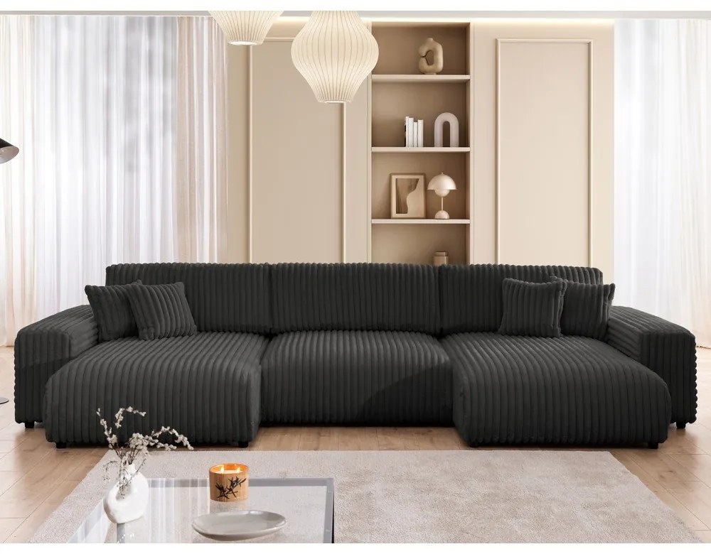 Sötétszürke kordbársony kinyitható-tárolóhelyes sarokkanapé (U alakú) Sarina – Ropez