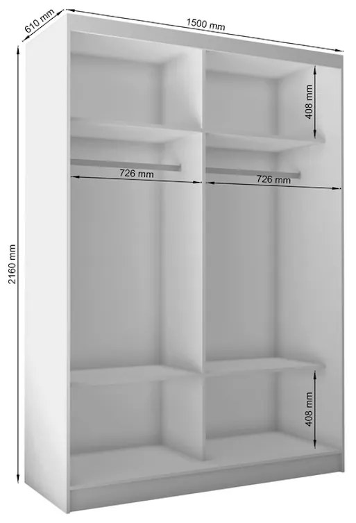 TARRA tolóajtós ruhásszekrény tükörrel + Halk zárorendszer, fehér, 150x216x61