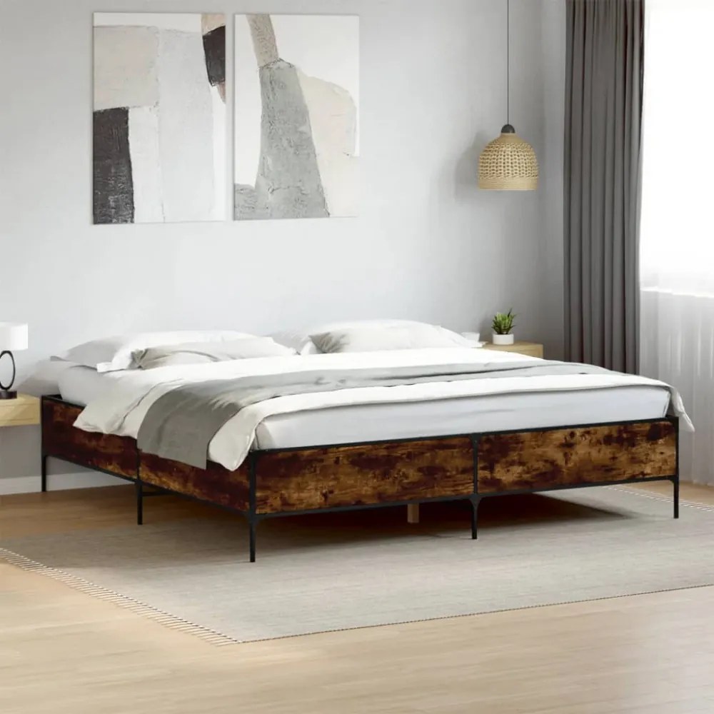 füstös tölgy színű szerelt fa és fém ágykeret 200 x 200 cm