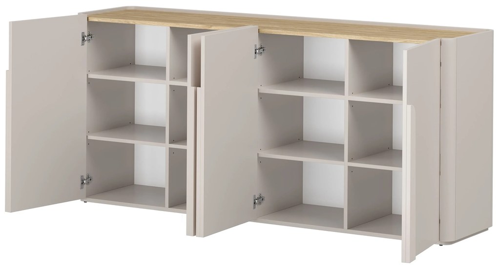 Amilio négyajtós komód 200 cm - kasmír / olajozott tölgy / kasmír fogantyúk