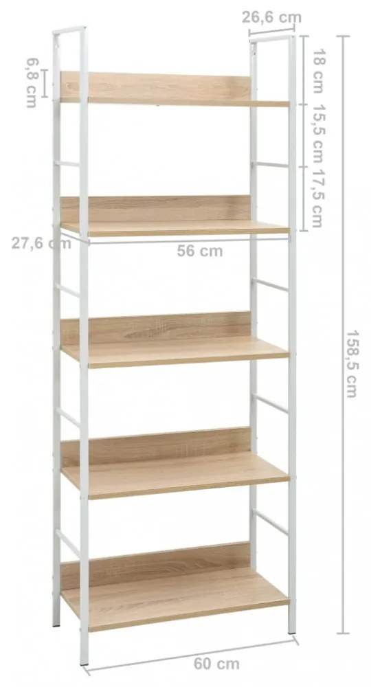 5 szintes tölgyszínű szerelt fa könyvespolc 60x27,6x158,5 cm